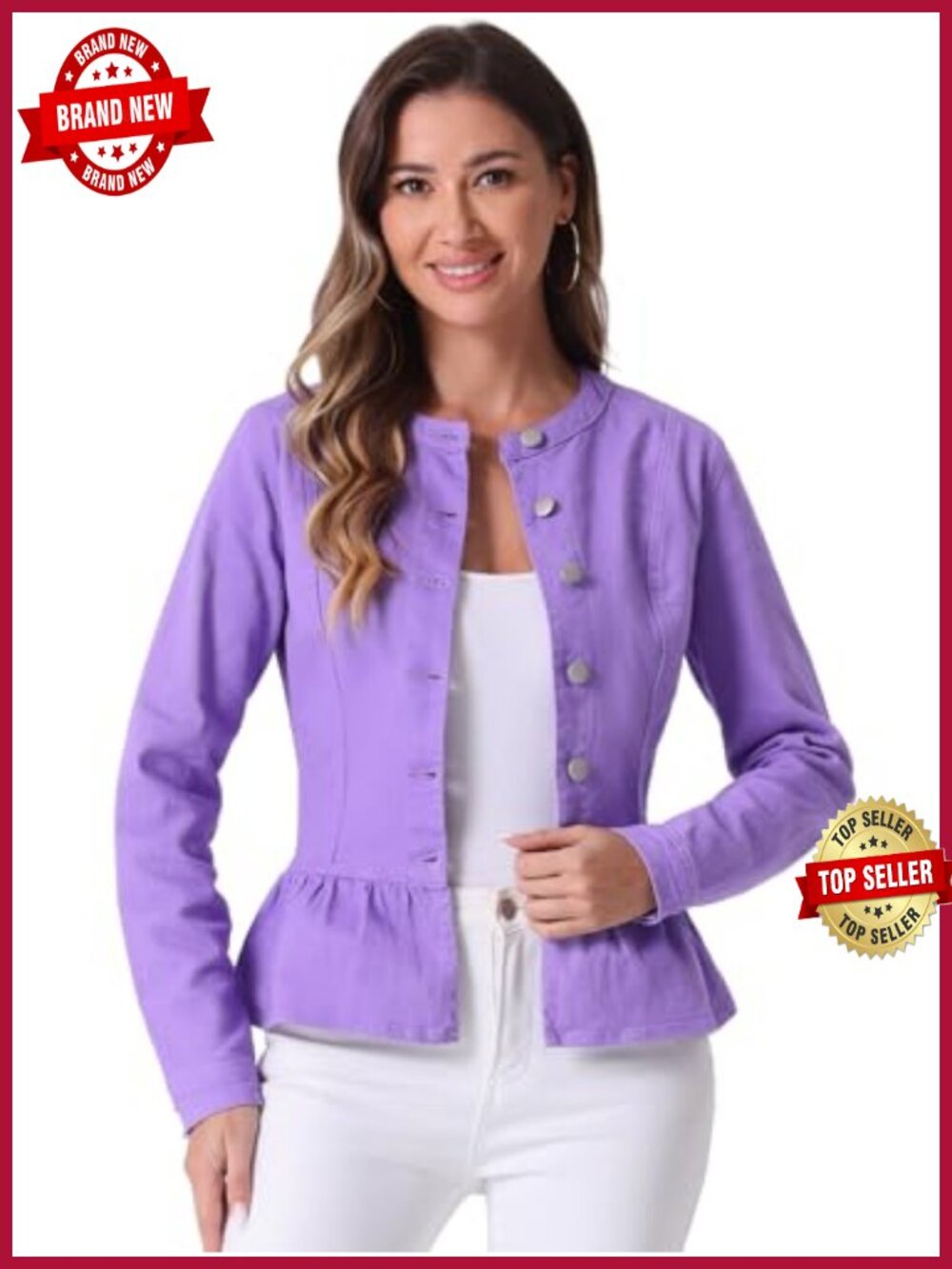 Peplum Denim Jacket Cropped Round Neck Ruffle Hem Long Sleeve Button Down